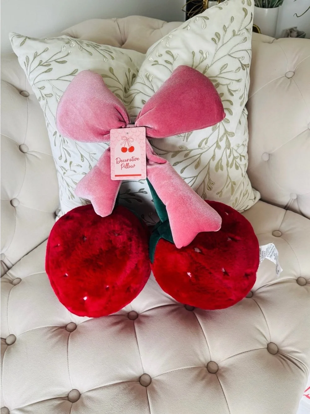 Plush Decorative Strawberry Accent  Pillow with Pink Velvet Bow NWT